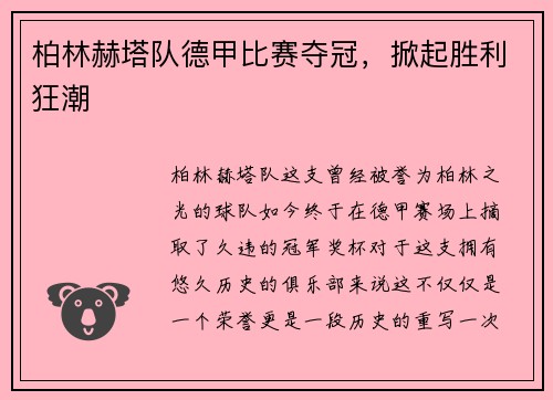 柏林赫塔队德甲比赛夺冠，掀起胜利狂潮