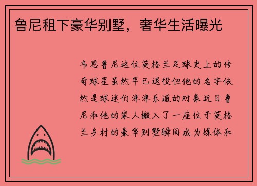 鲁尼租下豪华别墅，奢华生活曝光